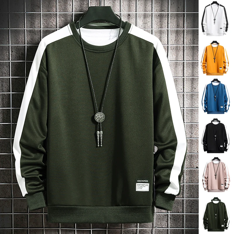 Harajuku Sweatshirts Hoodie Mens Autumn Casual Fashion Spring Patchwork O-Neck for Young