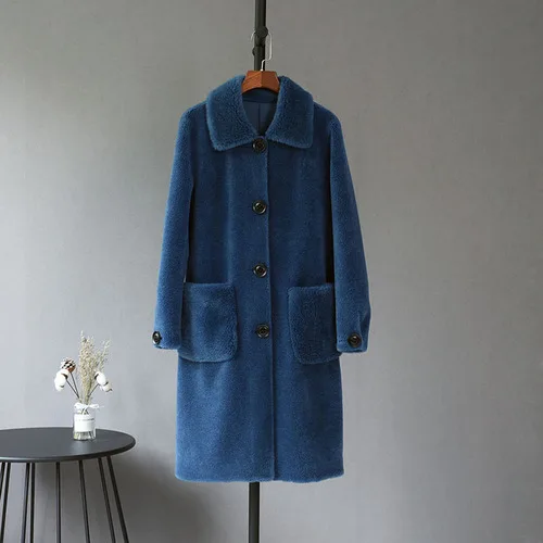 OFTBUY длинная парка зимняя куртка Женское пальто из натурального меха тканая шерсть плюшевый флис медведь плюшевая верхняя одежда Повседневный карман - Цвет: dark blue