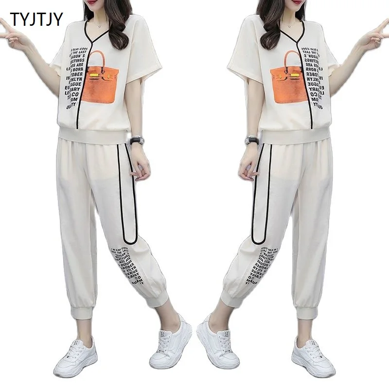 

Комплект из двух предметов для женщин TYJTJY, Новинка лета 2023, свободные широкие брюки, Модный повседневный костюм из двух предметов, большой размер