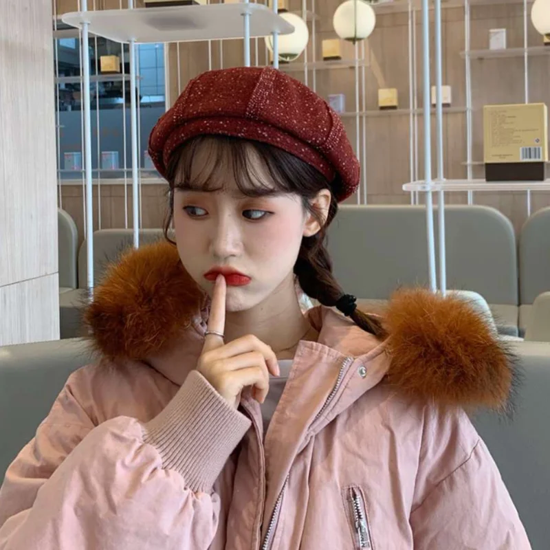 Fashion Winter Beret Hats Female Elegant Painter Hat For Girls Plain Cap Octagonal Cap Solid Black Beret Hat Girls Female - Цвет: wine red