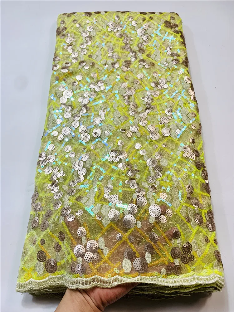 2020 Latest African Sequins Lace Fabric yellow Embroidery French Mesh Nigerian Tulle For Party FYIN138 | Дом и сад