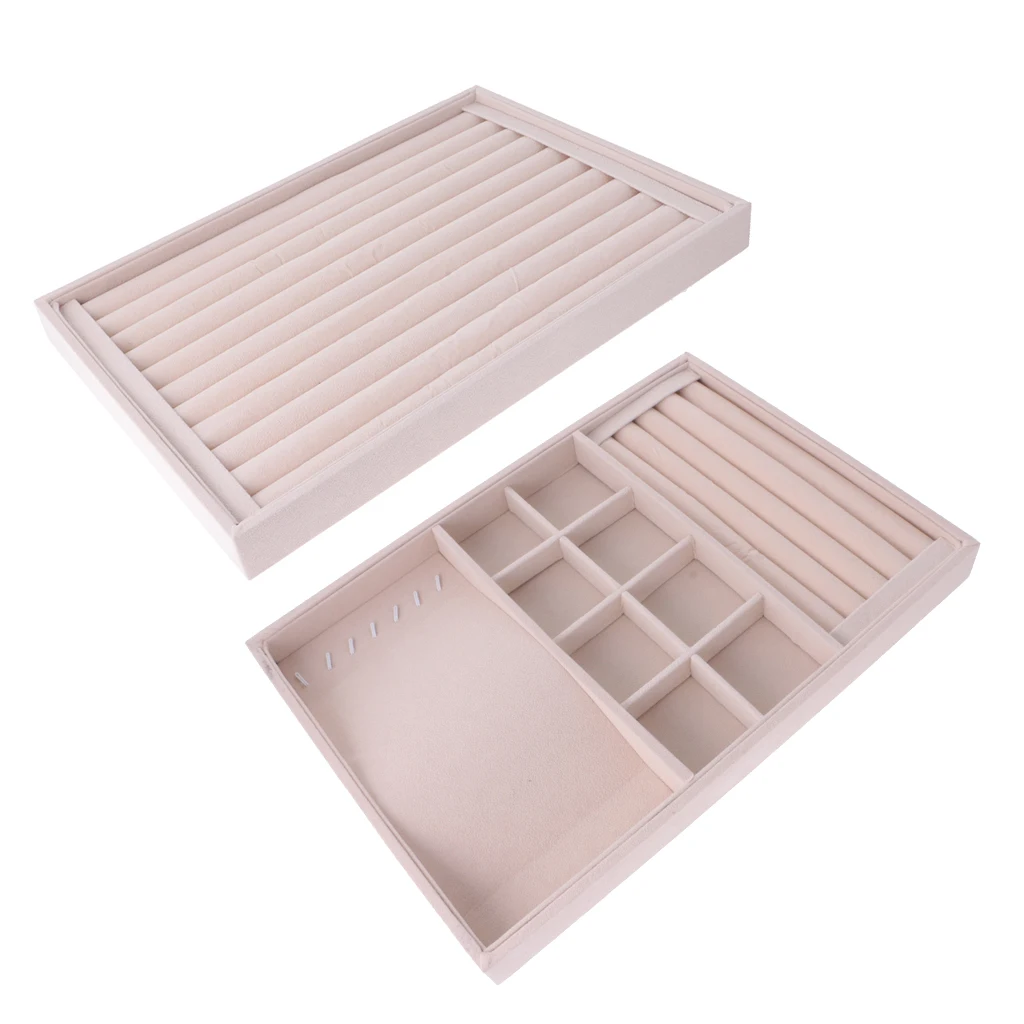 2 Pieces Stackable Velvet Jewelry Tray Earring Necklace Bracelet Ring Organizer Display Storage Box - Beige