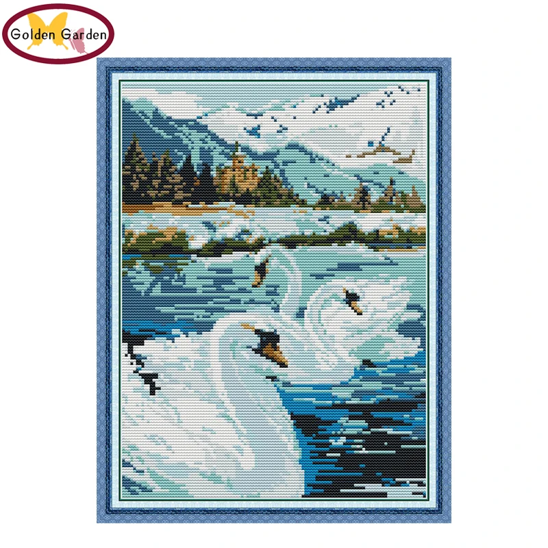 GG Swan Lake Animail Joy Sunday Painting Cross Stitch Embroidery Needlework Kit Cotton Canvas 14CT for Home Decor | Дом и сад
