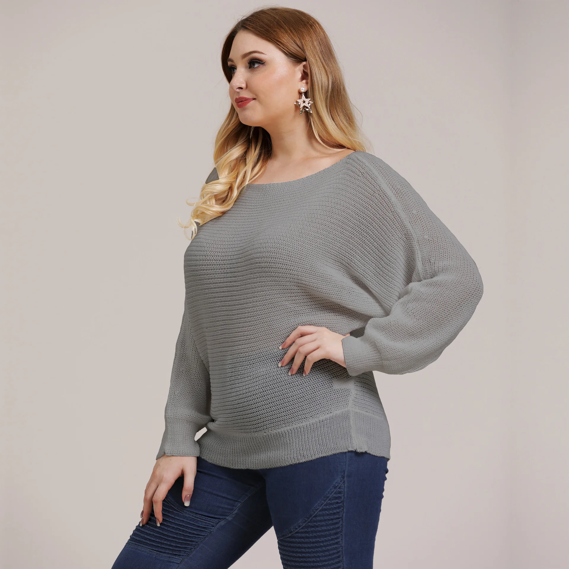 

Large Size Dress Horizontal Neck off-Shoulder Bat Sleeve Irregular Loose-Fit Knitted Jacket Long Sleeve Pullover 190712