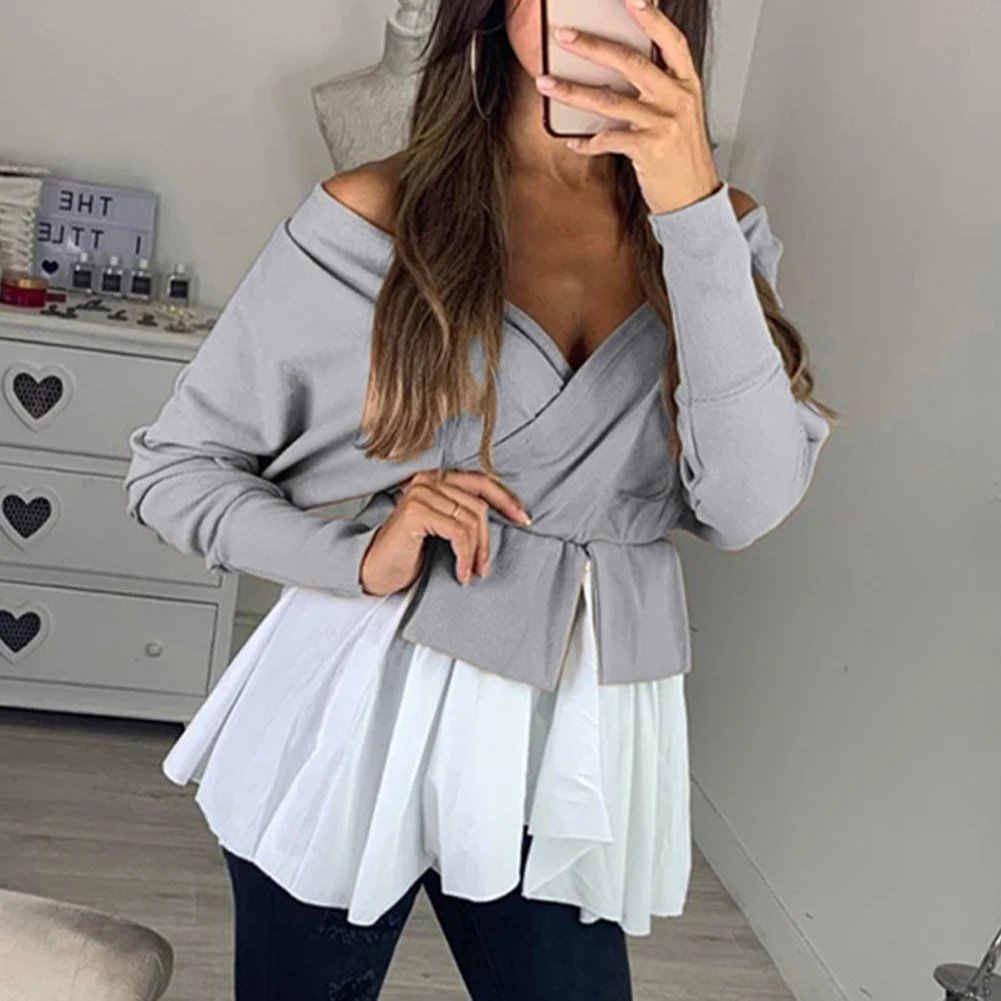 

Women Fashion Shirt Long Sleeve Patchwork V Neck Ruffle Tops Casual Loose Pullover Irregular Stitching Autumn Blouse
