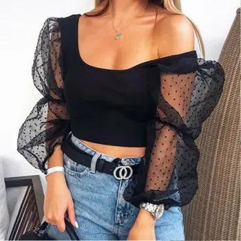 

Women Sexy Crop Top Blouse Lace See-through Sheer Mesh Polka Dot Puff Long Sleeve O neck Blouse Slim Club wear Tops Shirts