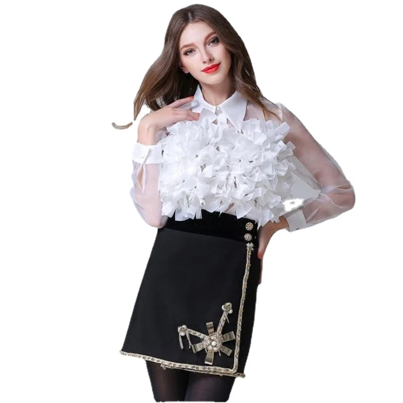 Spring 2021 Women Black White Blouse See Through Organza Appliques Tops Long Sleeve Transparent Mesh Shirt Sweet Lolita | Женская одежда
