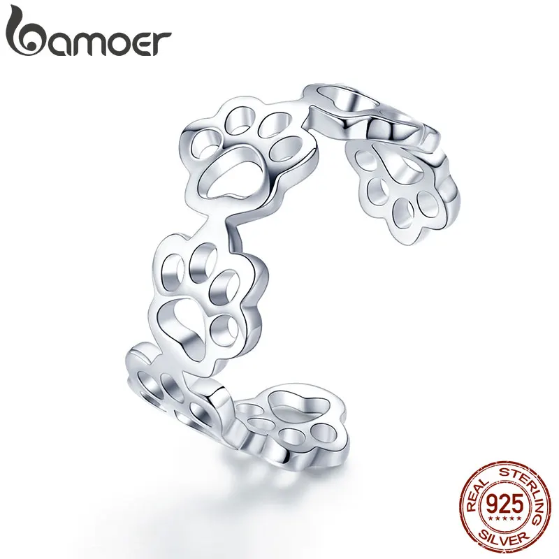 925 Sterling Silver Adjustable Cat And Dog Footprints Pet Paw Trail Rings For Women Party SCR424
