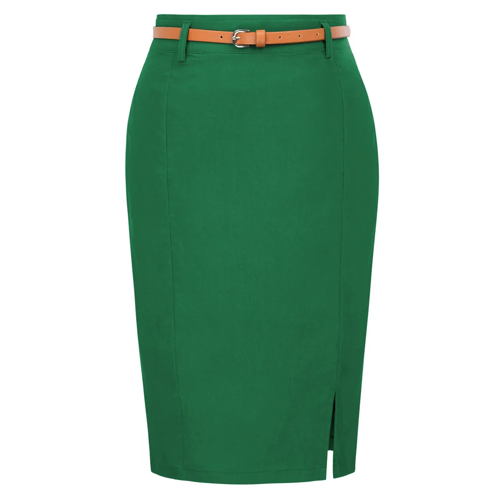 KK work wear pencil skirts Womens Solid Color split Belt sashes Decorated Hip wrap Bodycon Skirt sexy elegant office skirts - Цвет: Dark Green