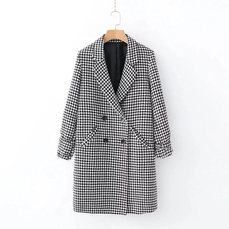 

AliExpress 2019 Autumn New Style WOMEN'S Dress Autumn Double Breasted Plaid Suit Loose-Fit Turn-down Collar Coat