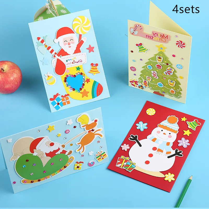 

4sets Extra Large Handmade Greeting Card Christmas Making Diy Material Package Gift Children Stereo Small Card