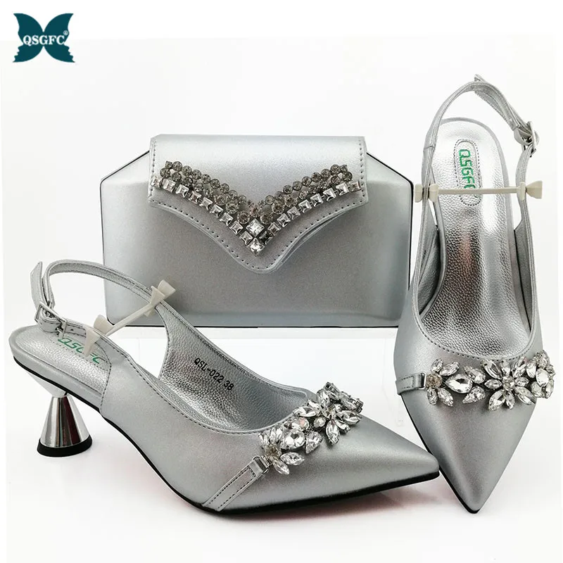 

New Autumn Ladies Italian design Shoe and Bag Set Sliver Color Italian Shoe with Match Bag Set 2020 Nigerian Shoes and Bag Set