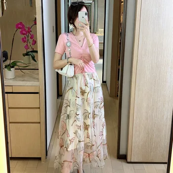 

Fashion Summer Women Clothing Set with Skirt 2020 New Designer Two Piece Outfits Short Sleeve Top and Embroidery Mesh Skirt Suit