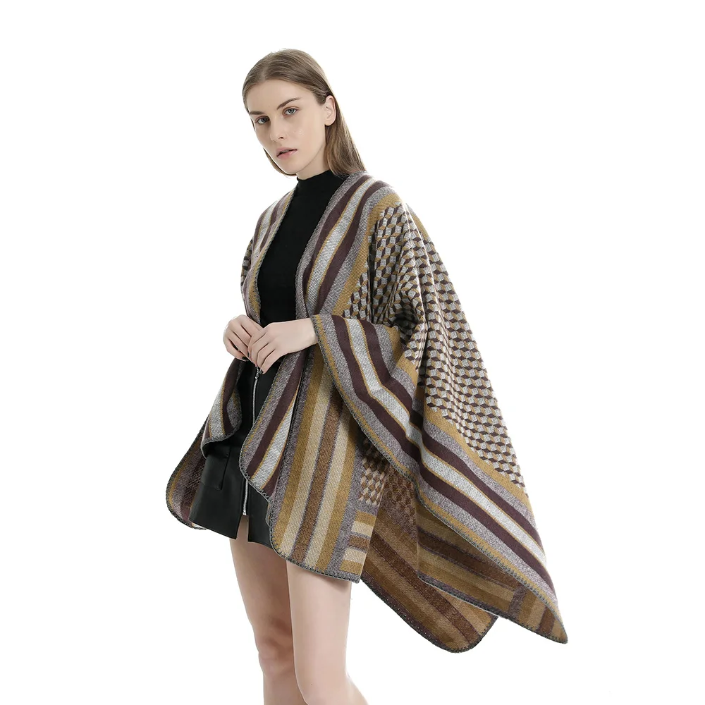 FS Elegant Thicken Winter Ponchos For Women Cape Cashmere Pashmina Shawl Lady Fashion Geometric Blanket Woman Scarf Red Foulard