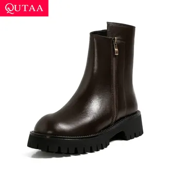

QUTAA 2021 Platform Zipper Ankle Boots Cow Leather All Match Women Shoes Casual Round Toe Ladies Motorcycle Boots Size 34-39