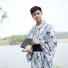 Традиционное мужское кимоно юката с поясом в японском стиле, длинный халат с принтом, повседневный халат, мужской костюм для косплея, размер M, L