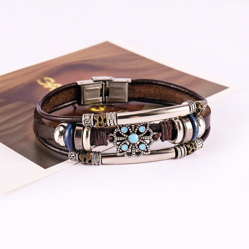 Vintage Flower Bracelets &amp Bangle Boho Multiple Layers Leather Bracelet Men Handmade Female Punk Jewelry for Women Gift | Украшения и