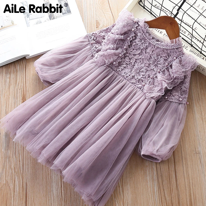 

Girl Dresses Lantern Sleeve Princess Party Princess 2019 Spring Kids Lace Children Dress With Pearls Purple And White 3-7T