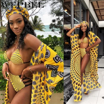 

WEPBEL Women's Sexy Suit Beach Summer 3 Pieces Tracksuit Peacoak Paisley X-Long Split Cape and Bra Panties Suit