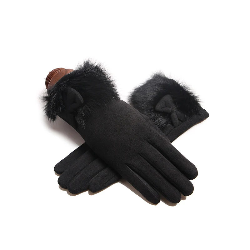 Зимние теплые бархатные женские перчатки для сенсорного экрана, модные удобные замшевые мягкие перчатки с кроличьим мехом, женские перчатки - Цвет: black