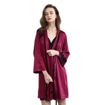 

Women Fashion Bathrobe Female Spring Summer Simulation Silk Long-sleeved Home Clothes Two-piece Suit European American Pajamas