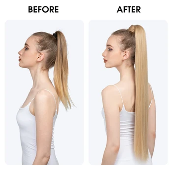 Synthetic Straight Ponytail Hair Extension Clip in Fake Wig Hairpiece Blonde Wrap Around Pigtail Long Smooth Overhead Pony Tail 5
