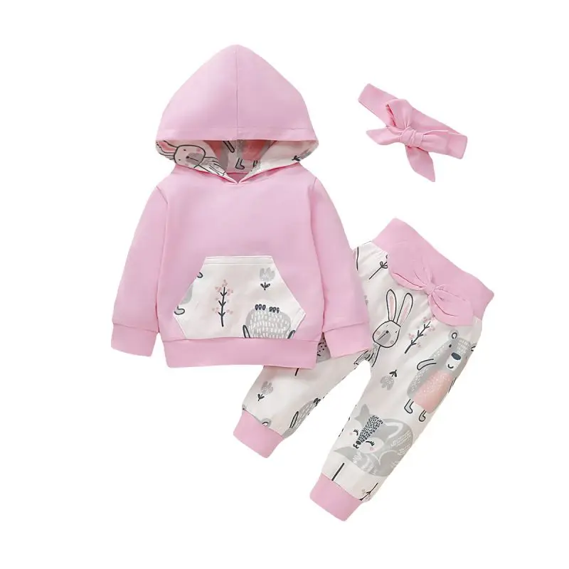 A Leisure Baby Set Three Piece Long Sleeve Trousers Hairband Girls Fashion Cartoon Print Sweater Pants Spring Autumn For Girl - Цвет: A