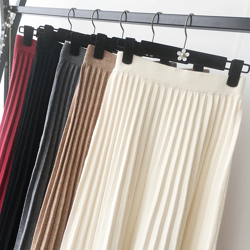 Зимняя шерстяная смесь плиссированные трикотажные длинные юбки однотонные гармошки трапециевидные длинные юбки до середины икры