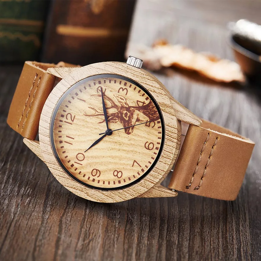 Мужские и женские наручные часы с изображением оленя, имитация дерева, имитация деревянных часов, акриловый чехол, мужские коричневые наручные часы, Reloj