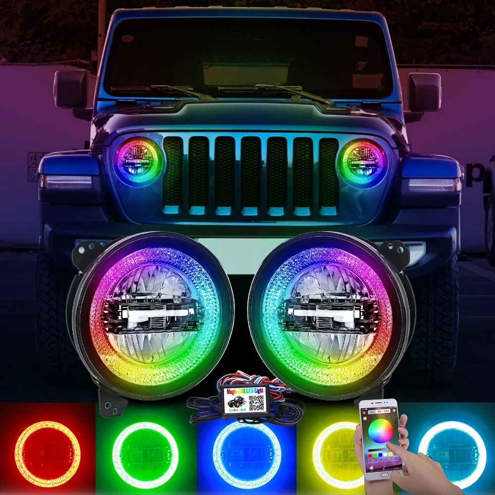 

Для Jeep Wrangler JL 2018 RGB 9 дюймов светодиодный проектор фары с Halo огни совмещенный дальний/ближний свет и JL Спортивная разъем подключи и играй камера