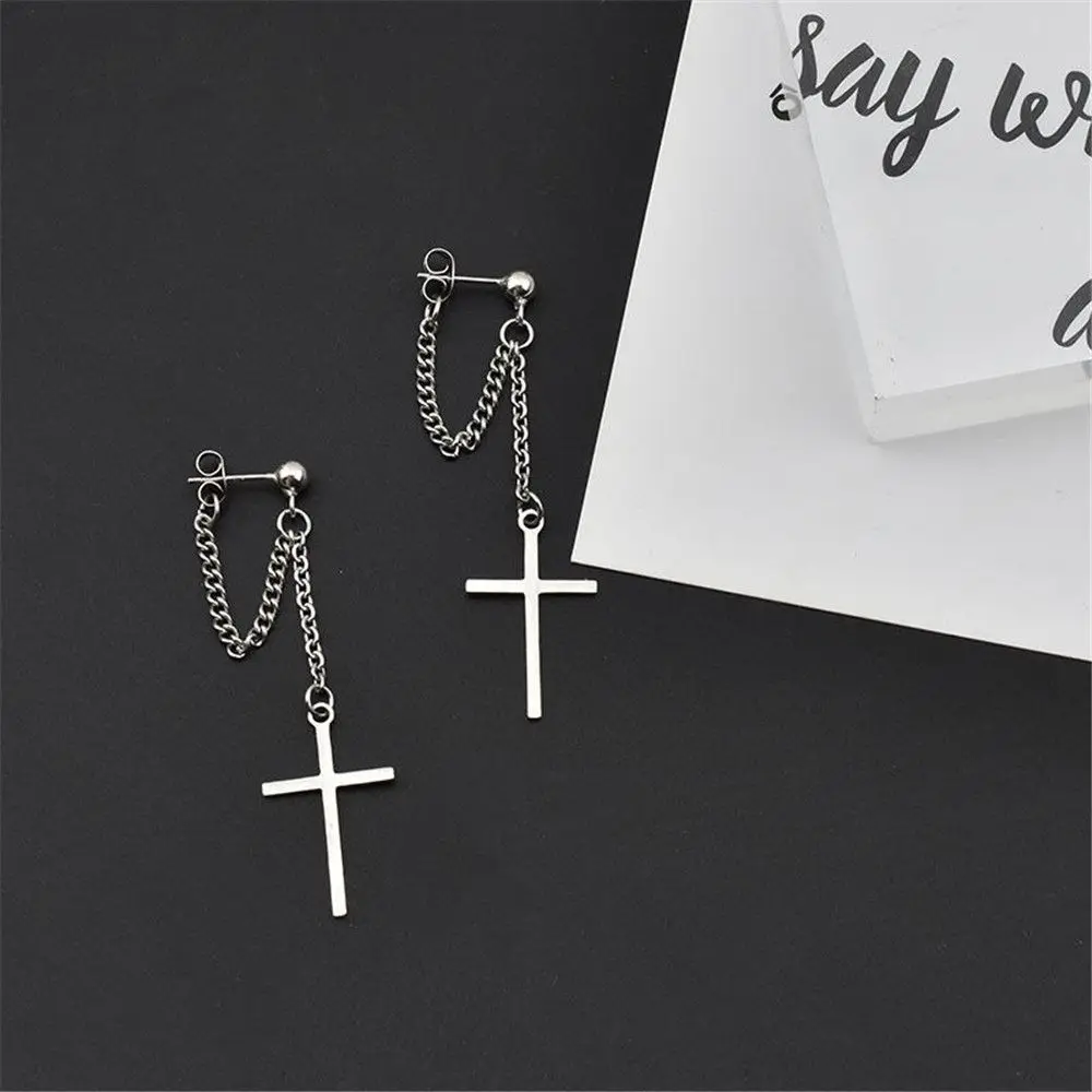 Cross Chain Earrings Gothic Style Silver Plated Dangle Earring Ear Clips Dark Street Women Men No Pierced Punk Jewelry Gift dangle earrings chain ear clips cross earrings