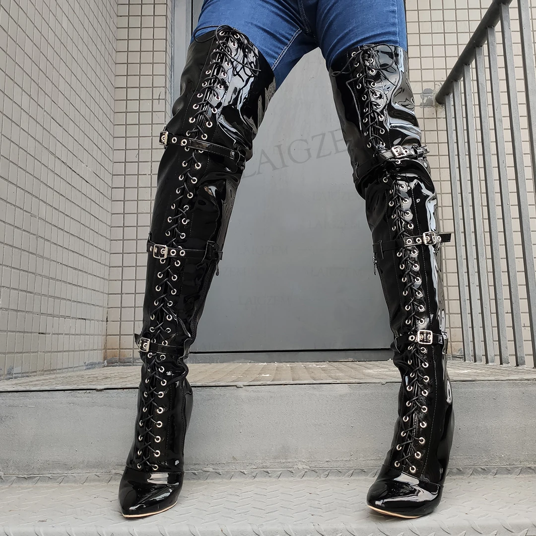 

LAIGZEM Women Over Knee Boots Shiny Stiletto High Heels Tall Boots Buckle Straps Party Club Shoes Woman Large Size 33 41 43 48