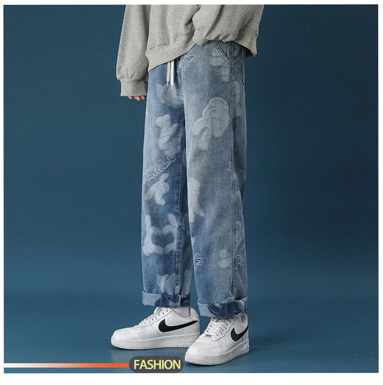 Spring 2021 Men's Casual Extra Large Jacquard Jeans Graphic Print Women's Jeans 2021 South Korean Street Men Loose Hip Hop Jeans slim straight jeans