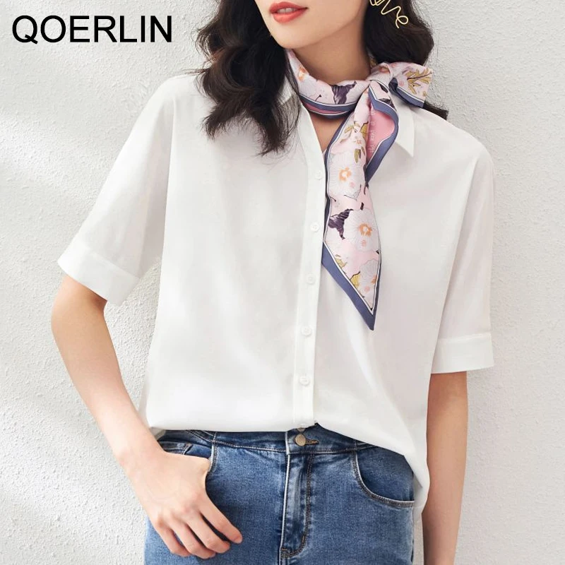 QOERLIN S-XXL Women White Blouse Half Sleeve Turn Down Collar Bowtie Loose Casual Single Breasted Tops Shirts Office Clothing