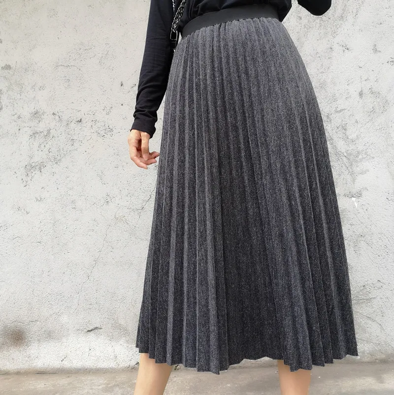 Midi Pleated Skirt Women For Autumn Winter Korean Fashion Ladies High Waist Elegant Solid Long A-line Skirts Female Streetwear