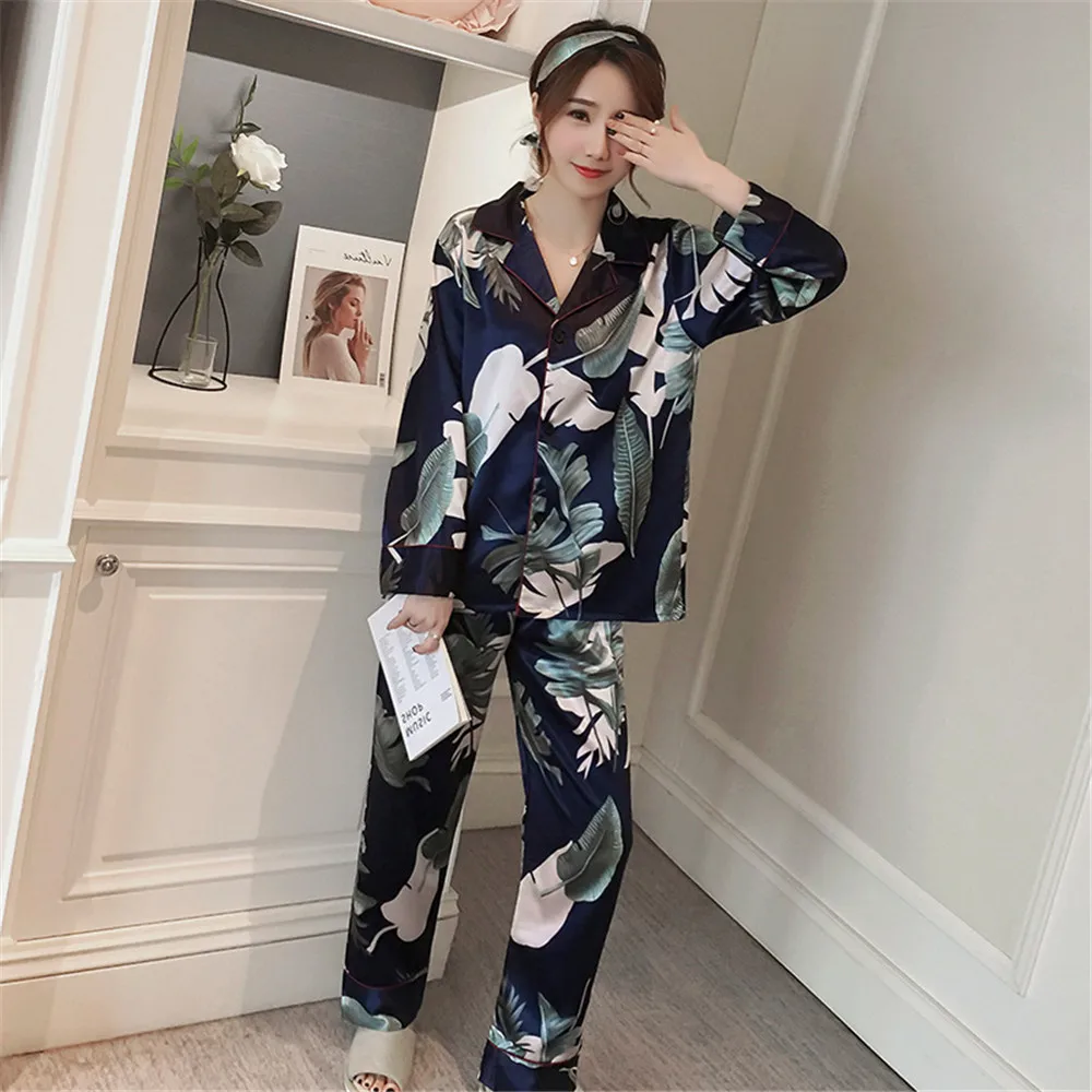 

2019 Hot Women Pajama Set Spring Winter Fashion Printing Pattern Rayon Sleepwear Two Paper Suit Long Sleeve Trouser