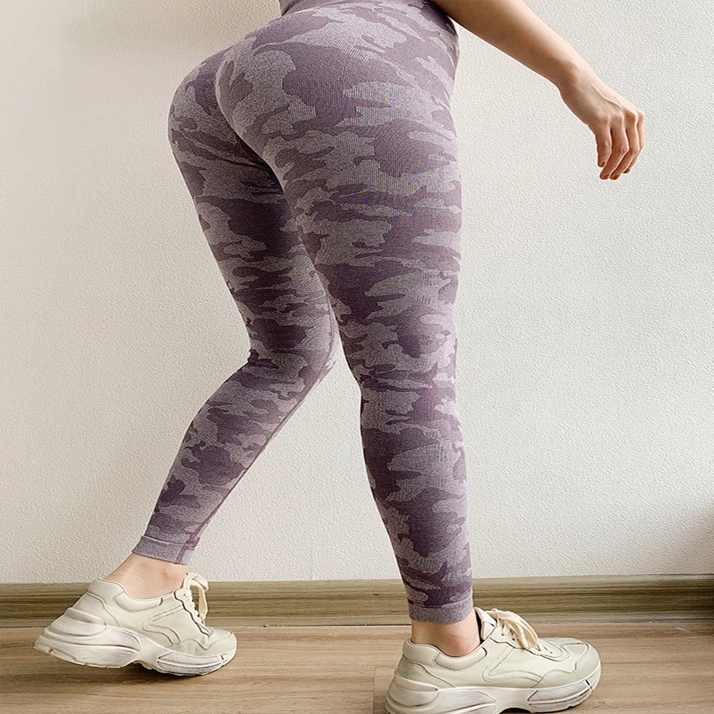 Женский бесшовный комплект для йоги, фитнеса, спортивные костюмы, высокая эластичность, для фитнеса, камуфляжный комплект для тренировок, комплект из 3 предметов, женская одежда для тренировок - Цвет: Purple pants