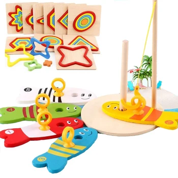 

8Pcs/Set Wooden Fishing Digital Toys Baby Fish Set Column & Kids Montessori Puzzle Sorting Math Bricks Educational Game Toys