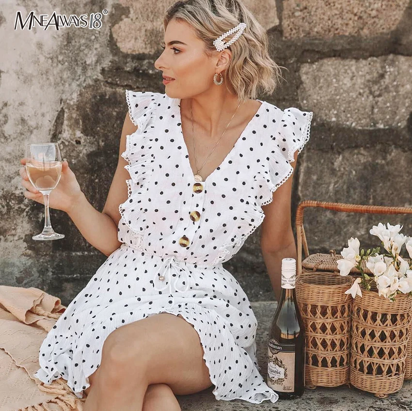 Comprar Mnealways18 vestido de lunares con cuello en V para mujer con lazo sin espalda vestidos blancos con volantes de encaje sin mangas vestido de verano Casual para mujer