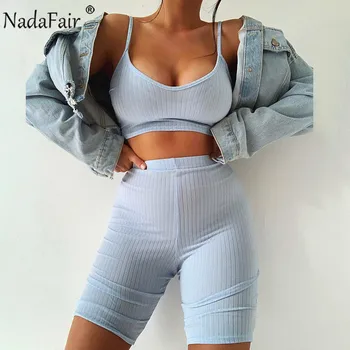 

Nadafair Two Piece Set Women Sexy Crop Tops And Biker Shorts Set Ribbed Summer Solid Tracksuit Woman Outfits Matching Suits