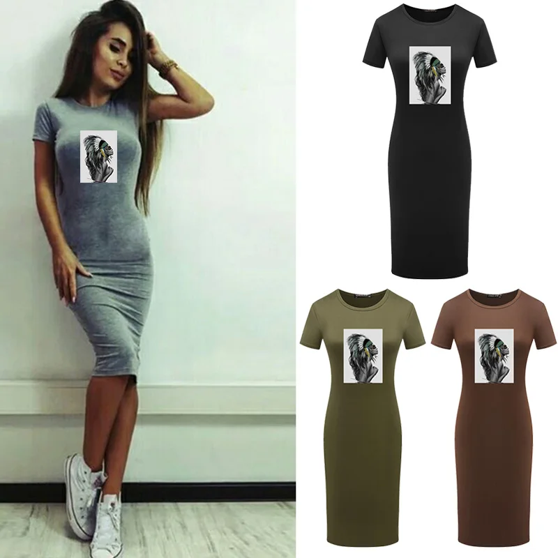 

Dresses For Women Bodycon Sexy Art Indian Girl Print Femme Robe Short Sleeve Party Skinny Elegant Party Night Thin Maxi Dress