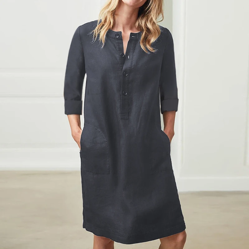 Women's Dress Autumn Cotton Blends Casual Round Neck Long Sleeve Single-breasted Solid Color Plus Size | Женская одежда