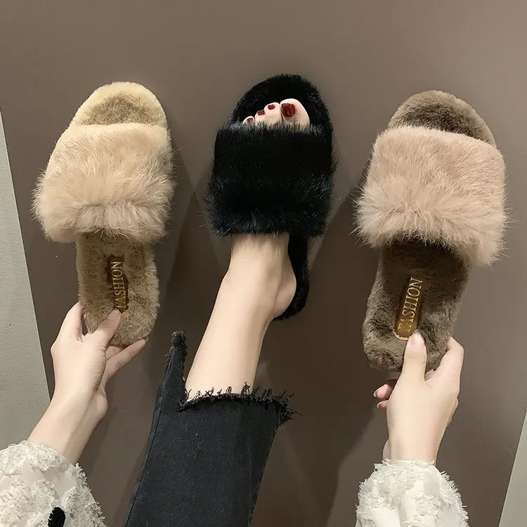 

Slipper Women's Outer Wear round Flat 2019 Autumn & Winter New Style Plush Slipper Casual Fluffy Shoes Fashion