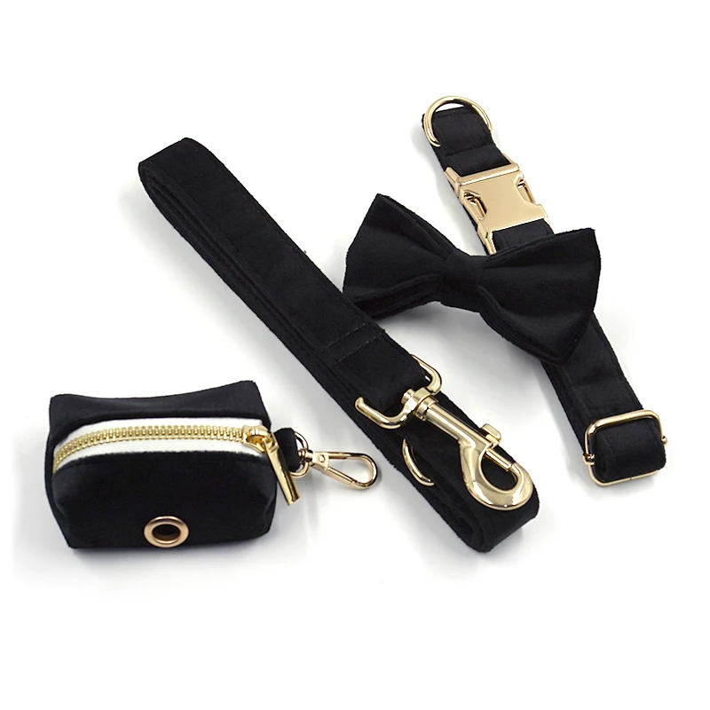 Black Velvet Dog Harness Personalized High Quality Durable Dog Collar with Gold Metal Buckles Quick Release Pet Collar and Leash dog collar,pet leash set