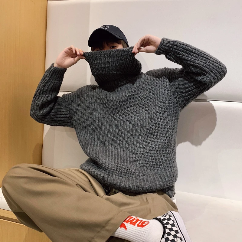 Skup Zimowy Sweter z golfem mężczyźni ciepła moda jednokolorowy Casual dzianinowy Sweter męski luźny Sweter z długim rękawem odzież męska M 2XL