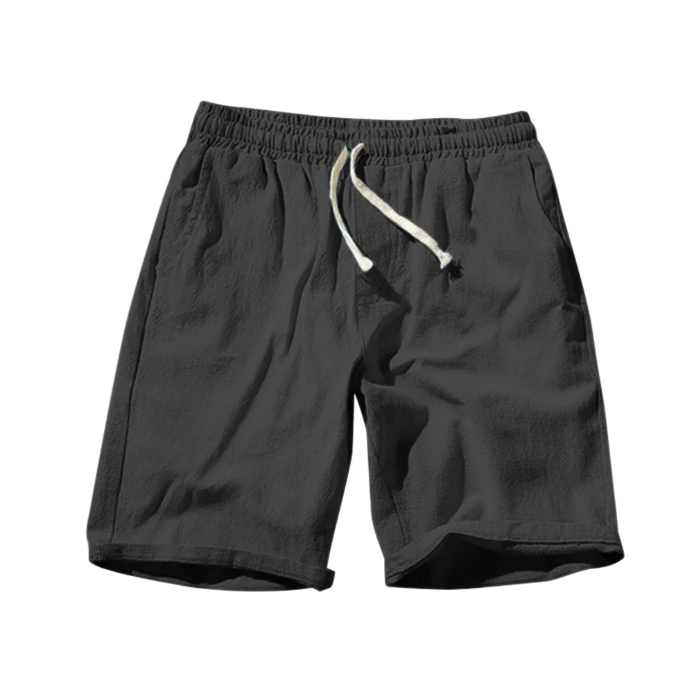 Mens Summer Shorts Cotton Linen Solid Drawstrings Waist Short Pants Casual-MX8