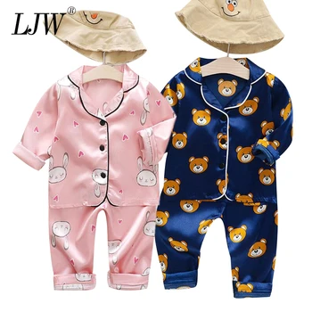

Long Sleeve Baby suit Kids Clothes Toddler Boys Girls Ice silk satin Cartoon little bear Tops Pants Set for Children's home Wear