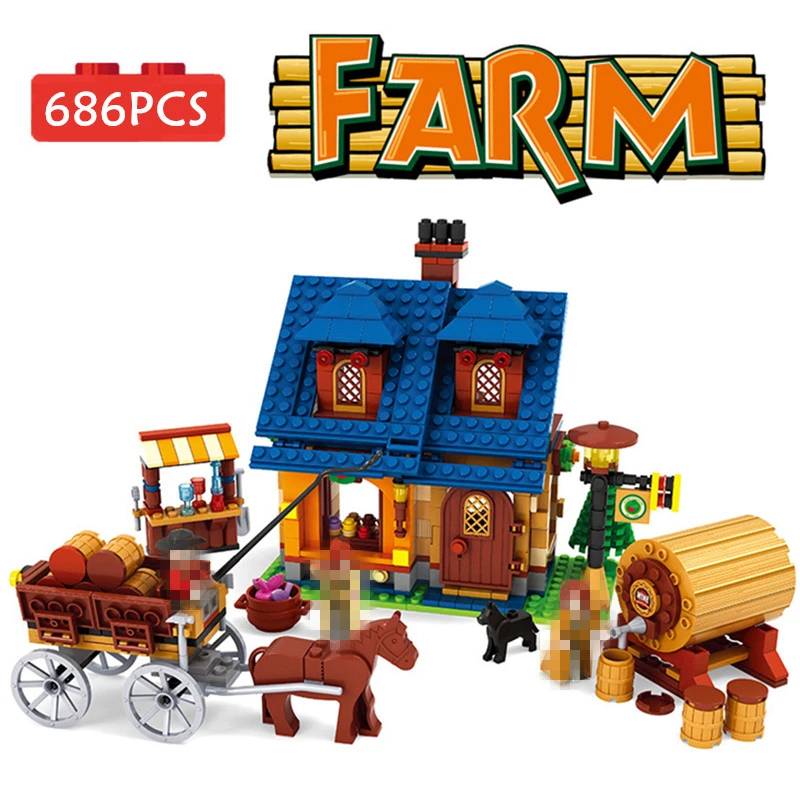 

686pcs Building Blocks Village Architecture Farm Animals House Set Harvester Tractor Horse Carriage Cow Figures Toy Bricks Kid