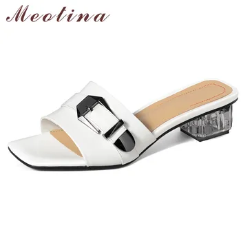 

Meotina Natural Genuine Leather Mid Heel Slippers Square Toe Slides Crystal Block Heels Women Shoes Summer Black Plus Size 41