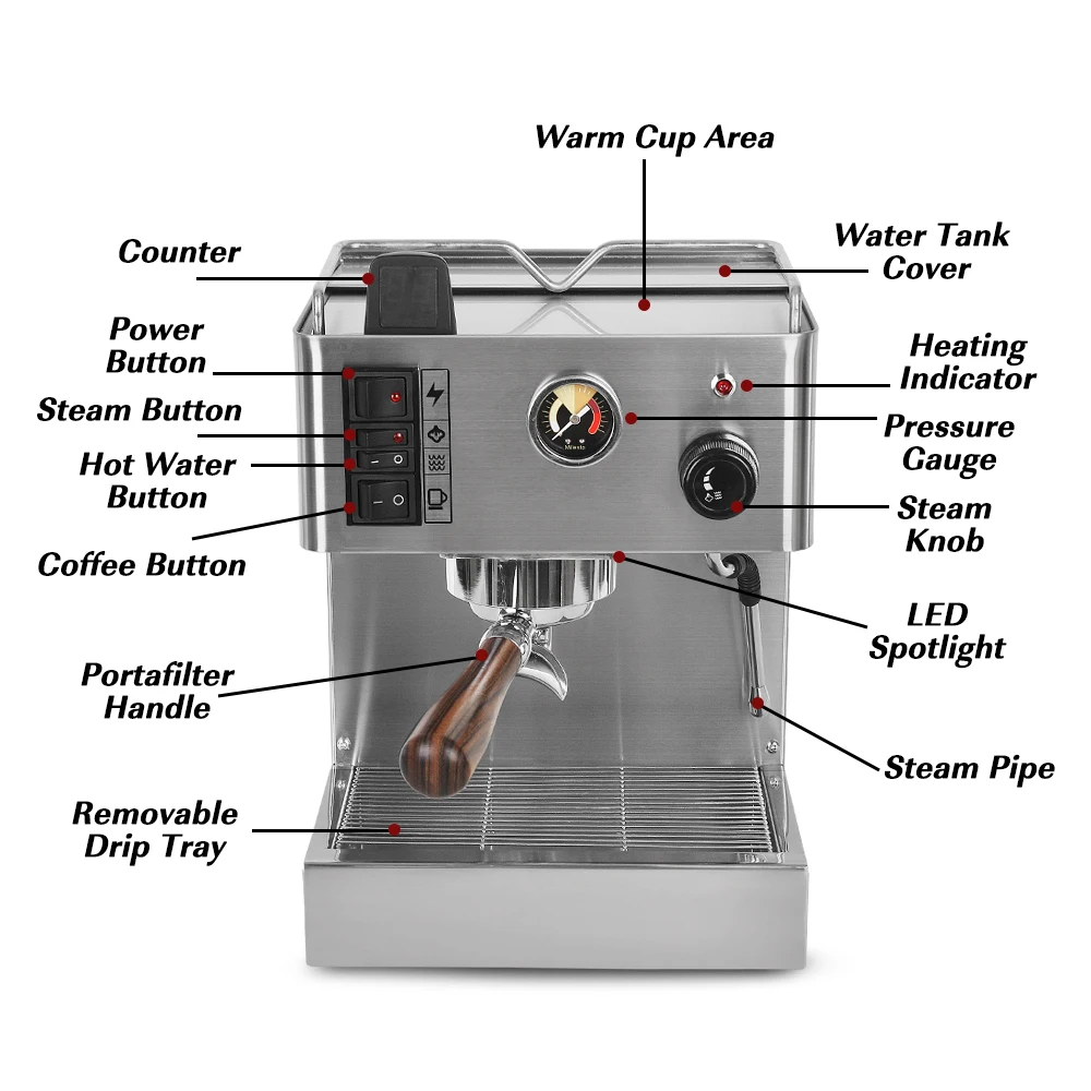 US $439.31 ITOP 35L SemiAutomatic Espresso Machine With Counter Tamper 9Bar Coffee Machine Stainless Steel 220240V